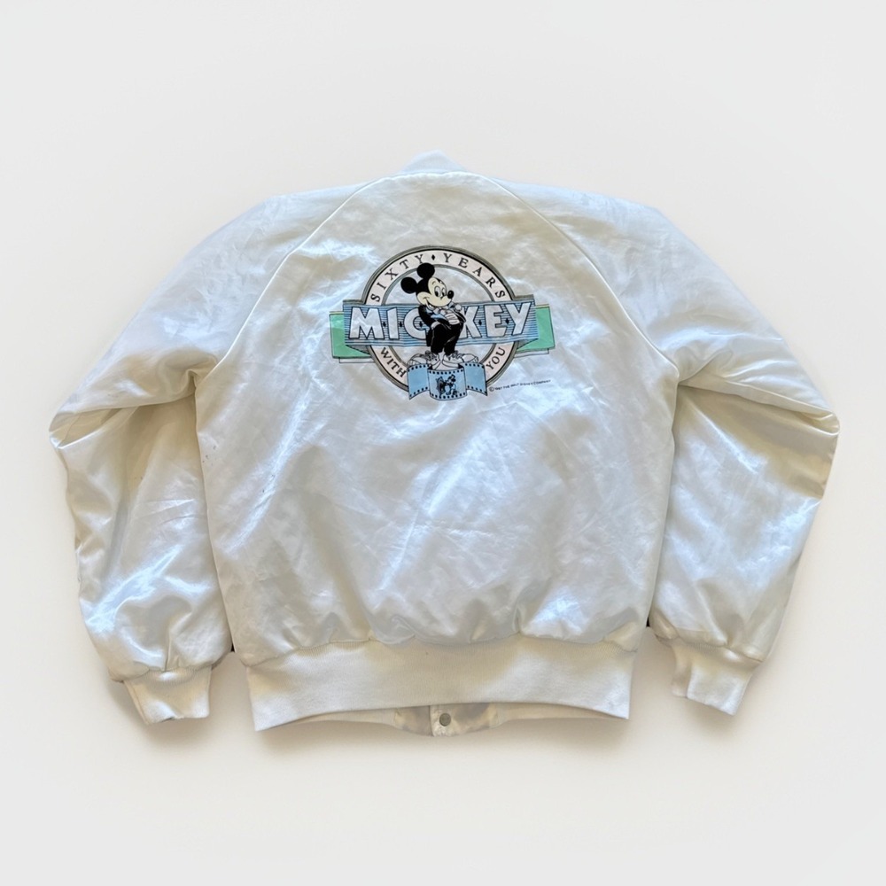 Vintage‎ Mickey Mouse Satin Jacket Youth XL White Bomber Disney Chalk Line 80s